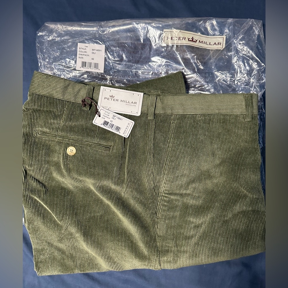 Brand NWT Peter Millar MF14B91 Nanoluxe Olive color Corduroy pants 42”x36”